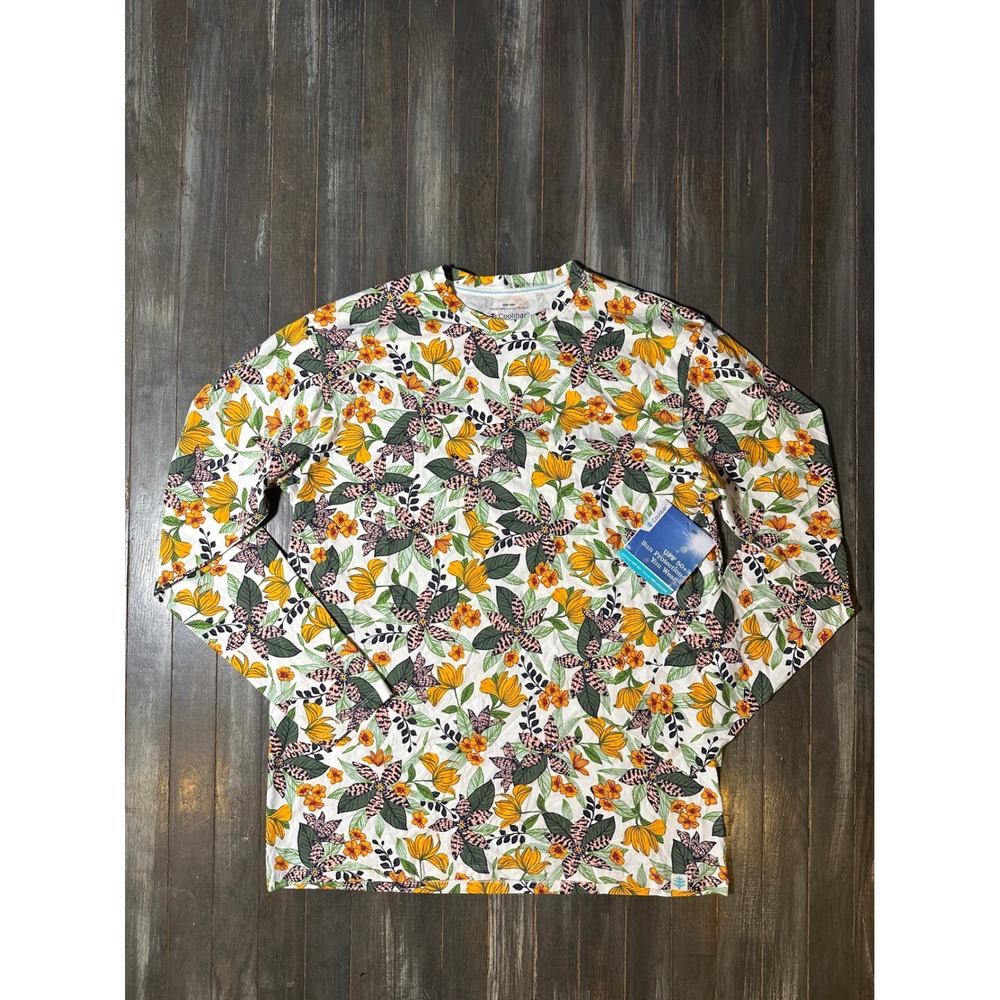 Coolibar Mens UPF 50+ Long Sleeve Sun Shirt Floral Botanical Print Orange Green